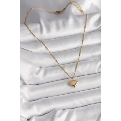 BUĞZ 316L Çelik Gold Renk Zincir Love İşlemeli Kalp Figür Kadın Kolye - BUĞZ