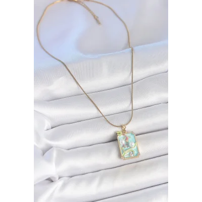 BUĞZ 316L Çelik Gold Renk Zincir Mavi Mineli İncili Çiçek İşlemeli Portre Model Kadın Kolye - BUĞZ