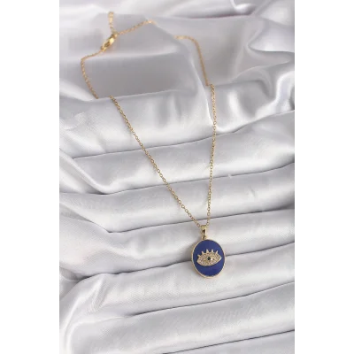 BUĞZ 316L Çelik Gold Renk Zincir Mavi Mineli Zirkon Taşlı Göz İşleme Kadın Kolye - BUĞZ