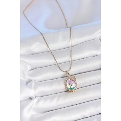 BUĞZ 316L Çelik Gold Renk Zincir Mix Renk Mineli Çiçek İşlemeli Zirkon Taş Detaylı Portre Model Kadın Kolye - BUĞZ