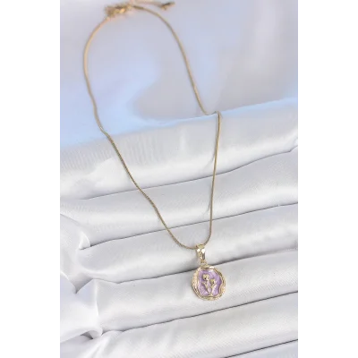 BUĞZ 316L Çelik Gold Renk Zincir Mor Mineli Çiçek İşlemeli Portre Model Kadın Kolye - BUĞZ