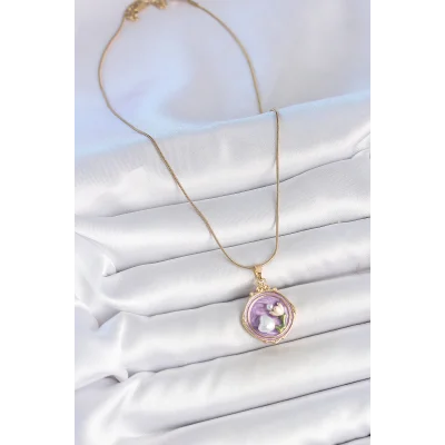 BUĞZ 316L Çelik Gold Renk Zincir Mor Mineli İncili Çiçek İşlemeli Portre Model Kadın Kolye - BUĞZ