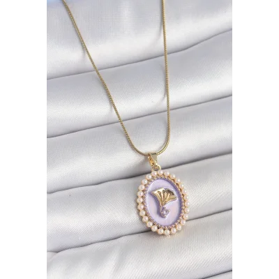 BUĞZ 316L Çelik Gold Renk Zincir Mor Mineli İncili Zirkon Taşlı Çiçek İşlemeli Portre Model Kadın Kolye