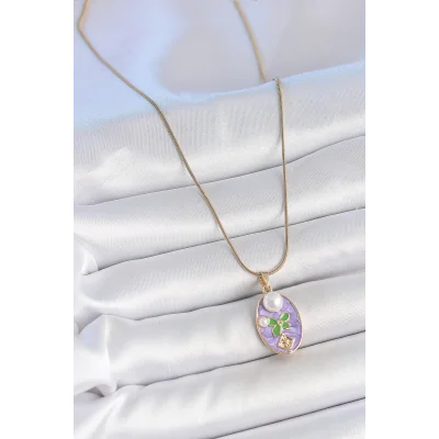 BUĞZ 316L Çelik Gold Renk Zincir Mor Mineli Oval İncili Çiçek İşlemeli Portre Model Kadın Kolye - BUĞZ