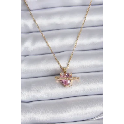 BUĞZ 316L Çelik Gold Renk Zincir Pembe Kristal Kalp Model Zirkon Taş Detay Kadın Kolye