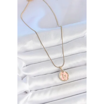 BUĞZ 316L Çelik Gold Renk Zincir Pembe Mineli Çiçek İşlemeli Portre Model Kadın Kolye - BUĞZ