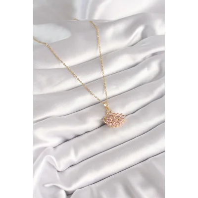 BUĞZ 316L Çelik Gold Renk Zincir Pembe Zirkon Taşlı Kuğu Model Kadın Kolye - BUĞZ