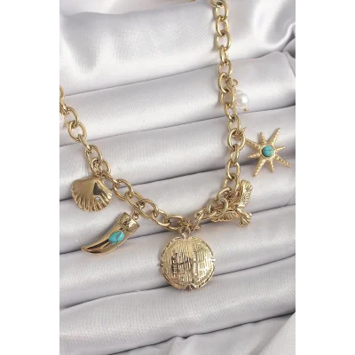 BUĞZ 316L Çelik Gold Renk Zincir Sallantılı Çoklu Figür Model Kadın Kolye