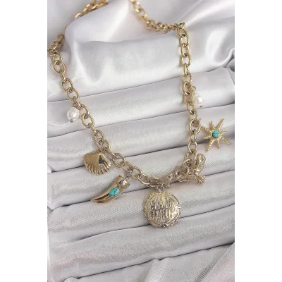 BUĞZ 316L Çelik Gold Renk Zincir Sallantılı Çoklu Figür Model Kadın Kolye - BUĞZ
