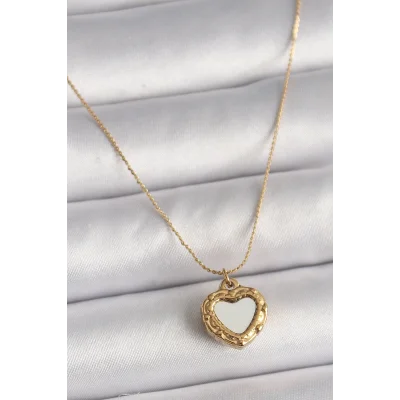 BUĞZ 316L Çelik Gold Renk Zincir Sedefli Kalp Model Kadın Kolye