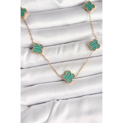 BUĞZ 316L Çelik Gold Renk Zincir Yeşil Yonca Model Kadın Kolye