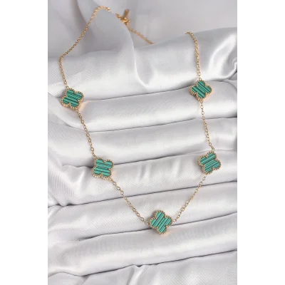 BUĞZ 316L Çelik Gold Renk Zincir Yeşil Yonca Model Kadın Kolye - Lisinya
