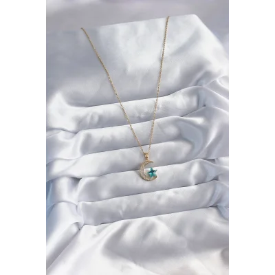 BUĞZ 316L Çelik Gold Renk Zincir Zirkon Taş Detay Hilal Yıldızı Figür Kadın Kolye - Lisinya