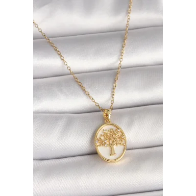 BUĞZ 316L Çelik Gold Renk Zincir Zirkon Taş Detaylı Beyaz Mineli Ağaç İşlemeli Portre Model Kadın Kolye