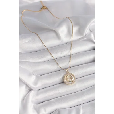BUĞZ 316L Çelik Gold Renk Zincir Zirkon Taş Detaylı Beyaz Sedefli Ay Yıldız Model Kadın Kolye - Lisinya