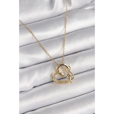 BUĞZ 316L Çelik Gold Renk Zincir Zirkon Taş Detaylı Kalp Model Sonsuzluk Detay Kadın Kolye