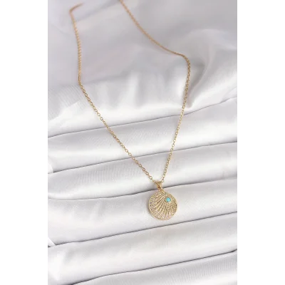 BUĞZ 316L Çelik Gold Renk Zincir Zirkon Taş İşlemeli Mavi Taş Detaylı Madalyon Model Kadın Kolye - Lisinya