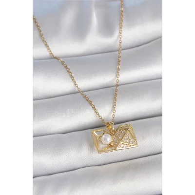 BUĞZ 316L Çelik Gold Renk Zincir Zirkon Taşlı Açılır İncili Elmas Model Kadın Kolye