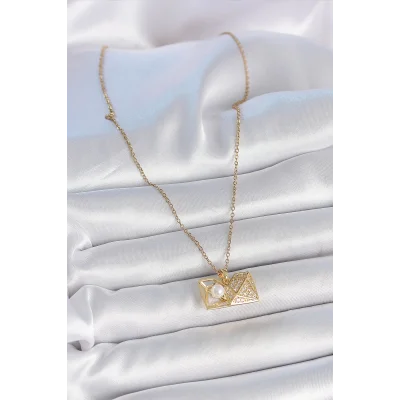 BUĞZ 316L Çelik Gold Renk Zincir Zirkon Taşlı Açılır İncili Elmas Model Kadın Kolye - Lisinya