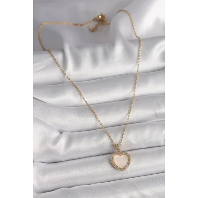 BUĞZ 316L Çelik Gold Renk Zincir Zirkon Taşlı Beyaz Mineli Kalp Model Kadın Kolye - BUĞZ