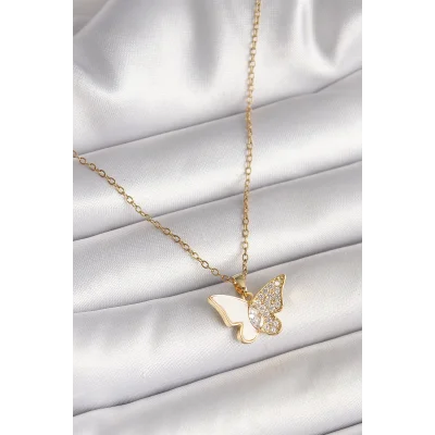 BUĞZ 316L Çelik Gold Renk Zincir Zirkon Taşlı Beyaz Mineli Kelebek Model Kadın Kolye