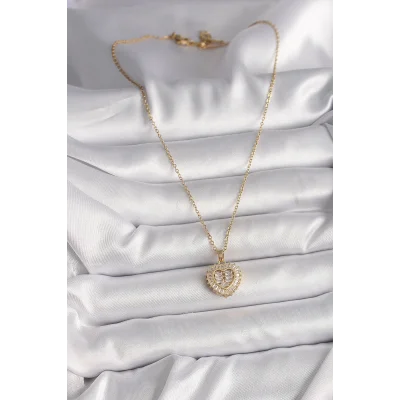 BUĞZ 316L Çelik Gold Renk Zincir Zirkon Taşlı Kalp Model Kadın Kolye - BUĞZ