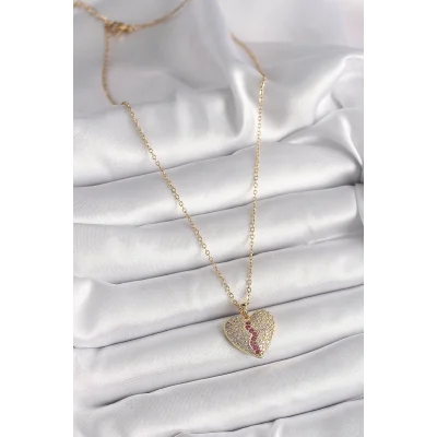 BUĞZ 316L Çelik Gold Renk Zincir Zirkon Taşlı Kalp Model Kadın Kolye - Lisinya