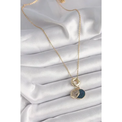 BUĞZ 316L Çelik Gold Renk Zincir Zirkon Taşlı Kalp Model Mavi Simli Kadın Kolye - Lisinya