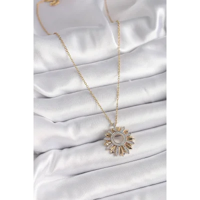 BUĞZ 316L Çelik Gold Renk Zincir Zirkon Taşlı Mix Renk Güneş Model Kadın Kolye - BUĞZ