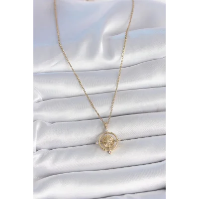BUĞZ 316L Çelik Gold Renk Zincir Zirkon Taşlı Pusula Model Kadın Kolye - Lisinya