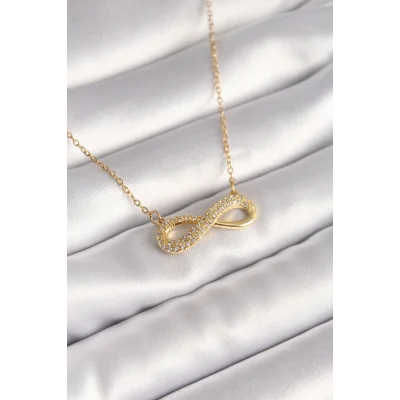 BUĞZ 316L Çelik Gold Renk Zincir Zirkon Taşlı Sonsuzluk Model Kadın Kolye