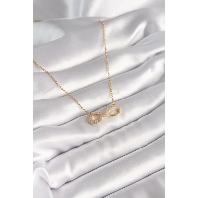 BUĞZ 316L Çelik Gold Renk Zincir Zirkon Taşlı Sonsuzluk Model Kadın Kolye - BUĞZ