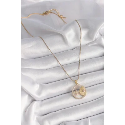 BUĞZ 316L Çelik Gold Renk Zincir Zirkon Taşlı Yıldız İşleme Madalyon Model Kadın Kolye - Lisinya