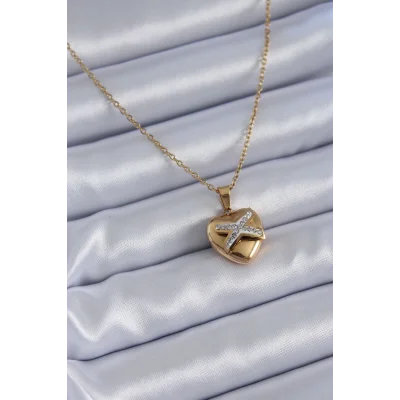 BUĞZ 316L Çelik Gold Renk Zirkon Detay Kalp Model Kadın Kolye
