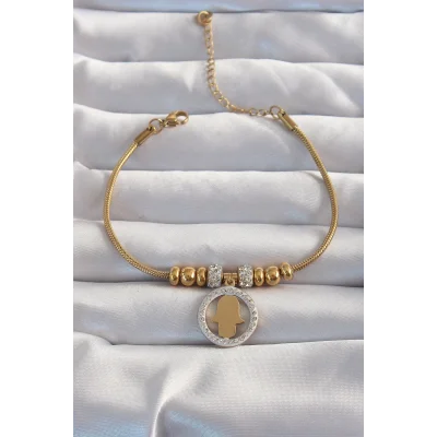 BUĞZ 316L Çelik Gold Renk Zirkon Taş Aksesuarlı Fatma Ana Eli Bileklik