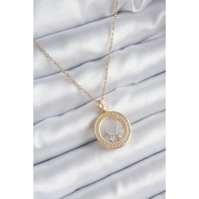 BUĞZ 316L Çelik Gold Renk Zirkon Taş Detay Ay Yıldız Fanus Model Kadın Kolye