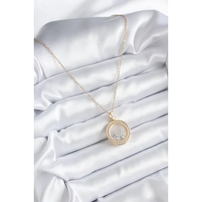 BUĞZ 316L Çelik Gold Renk Zirkon Taş Detay Ay Yıldız Fanus Model Kadın Kolye - Lisinya