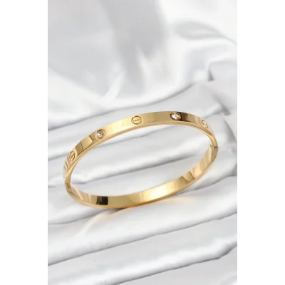 BUĞZ 316L Çelik Gold Renk Zirkon Taşlı 65 mm Kadın Kelepçe Bileklik