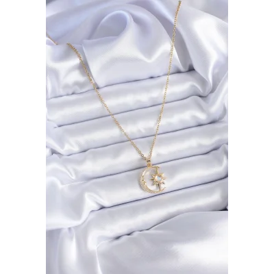 BUĞZ 316L Çelik Gold Renk Zirkon Taşlı Ay Yıldız Model Kadın Kolye - Lisinya