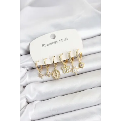BUĞZ 316L Çelik Gold Renk Zirkon Taşlı Charm Detaylı Kadın Küpe Seti