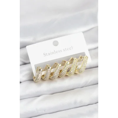 BUĞZ 316L Çelik Gold Renk Zirkon Taşlı Damla Halka Küpe Seti