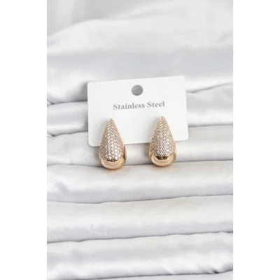 BUĞZ 316L Çelik Gold Renk Zirkon Taşlı Damla Model Kadın Küpe