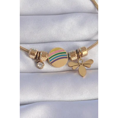 BUĞZ 316L Çelik Gold Renk Zirkon Taşlı Gökkuşağı Tasarımlı Yusufçuk Bileklik - BUĞZ