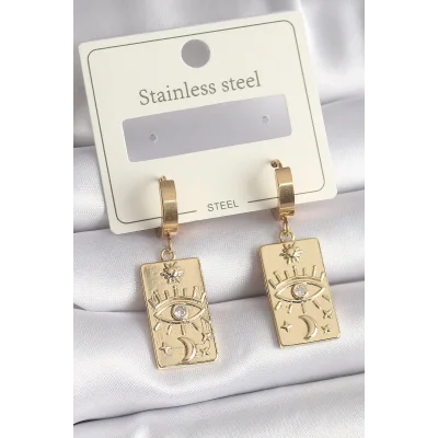 BUĞZ 316L Çelik Gold Renk Zirkon Taşlı Göz İşleme Detay Plaka Model Kadın Küpe