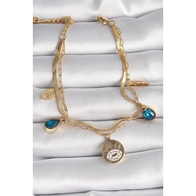 BUĞZ 316L Çelik Gold Renk Zirkon Taşlı Göz İşleme Figür Kadın Bileklik