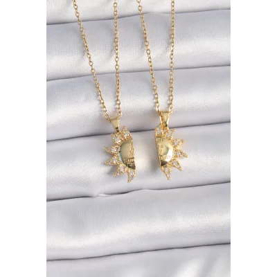 BUĞZ 316L Çelik Gold Renk Zirkon Taşlı Güneş Model İşleme Yazı Detay Arkadaş Kolyesi