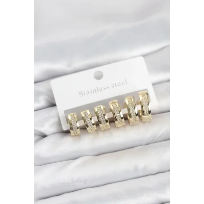 BUĞZ 316L Çelik Gold Renk Zirkon Taşlı Halka Küpe Seti