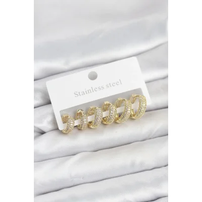 BUĞZ 316L Çelik Gold Renk Zirkon Taşlı Halka Küpe Seti