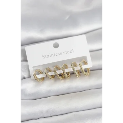 BUĞZ 316L Çelik Gold Renk Zirkon Taşlı Halka Model Kadın Küpe Seti