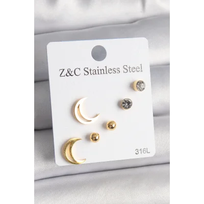 BUĞZ 316L Çelik Gold Renk Zirkon Taşlı Hilal Model Kadın Küpe Seti